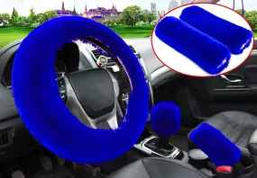 5pcs Car Accessories; 1 Set Faux Wool Steering Wheel Cover Soft Fluffy Handbrake Cover (Blue)