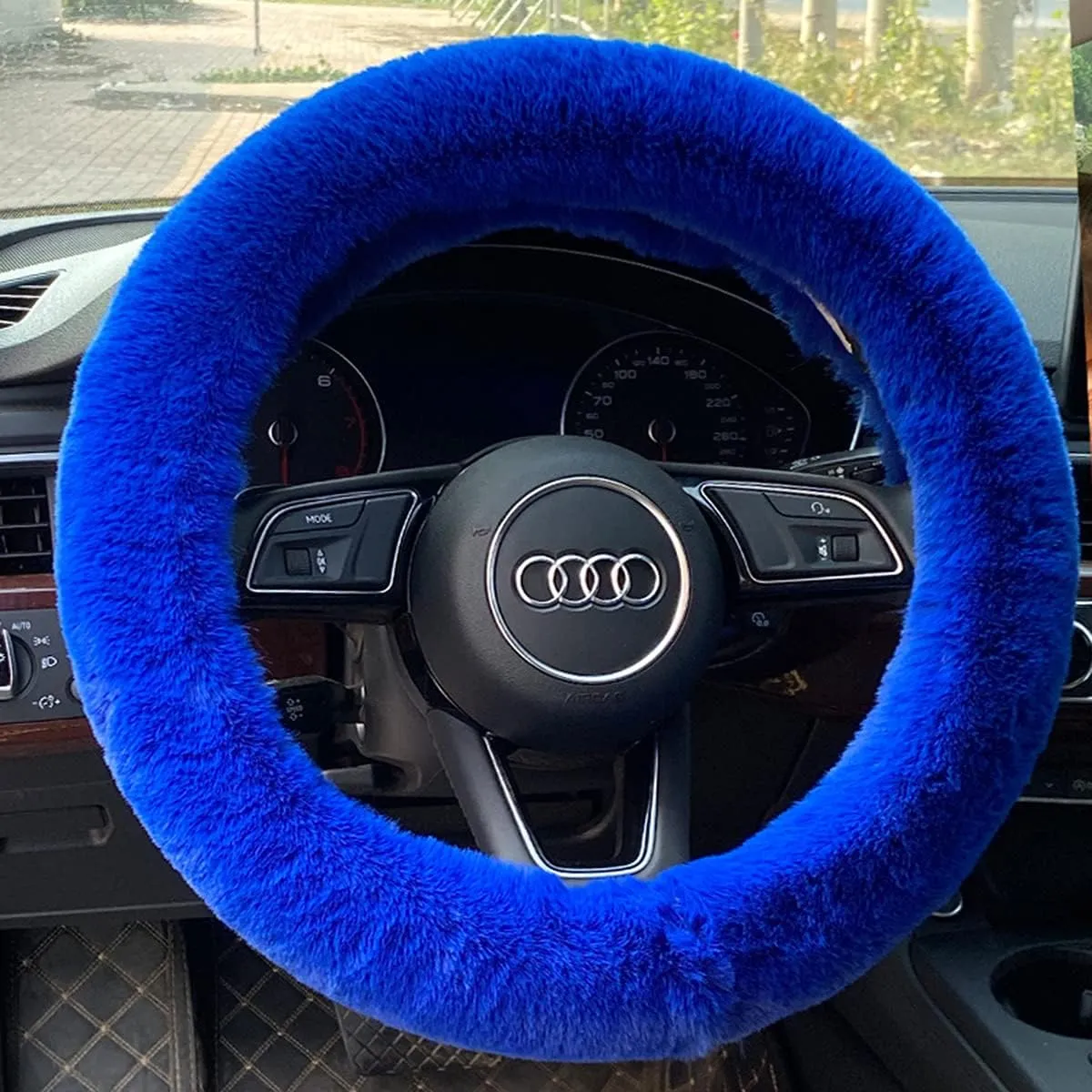 5pcs Car Accessories; 1 Set Faux Wool Steering Wheel Cover Soft Fluffy Handbrake Cover (Blue)