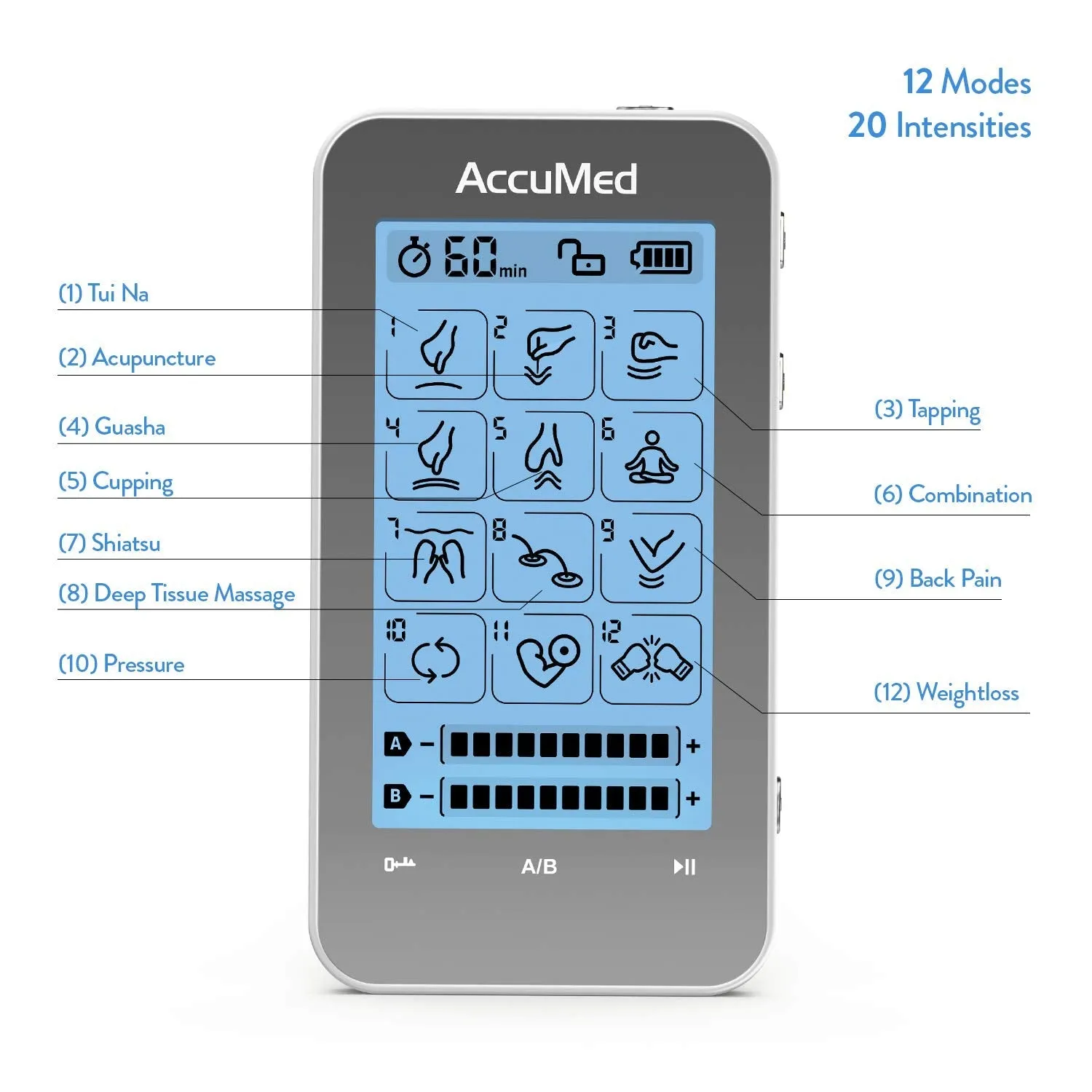 AccuMed TENS Unit Muscle Stimulator & Electronic Pulse Massager with 2 Channels - 12 Modes, Pain Management Device with 20 Intensities for Back, Neck, Acupuncture, 8 Extra Pads Included (AC-AP315)