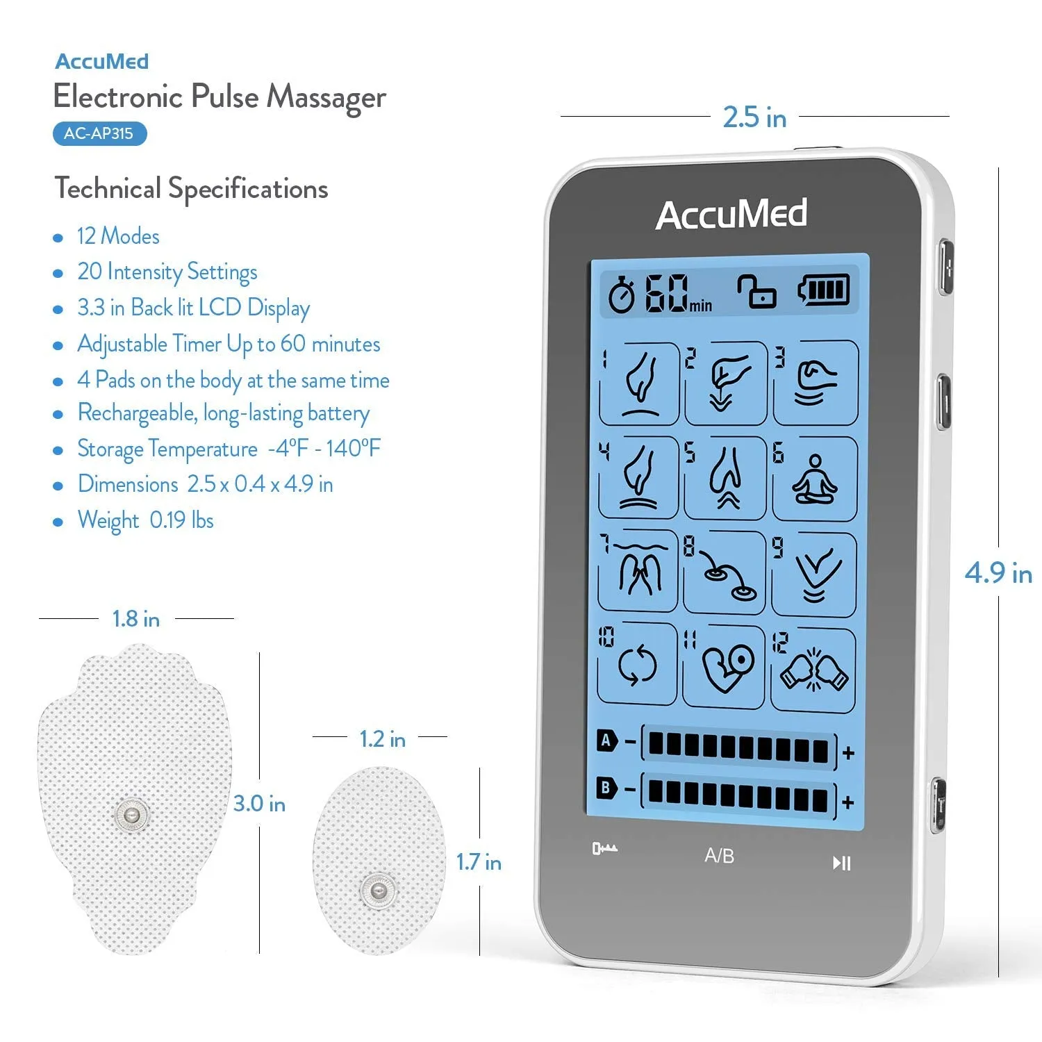 AccuMed TENS Unit Muscle Stimulator & Electronic Pulse Massager with 2 Channels - 12 Modes, Pain Management Device with 20 Intensities for Back, Neck, Acupuncture, 8 Extra Pads Included (AC-AP315)