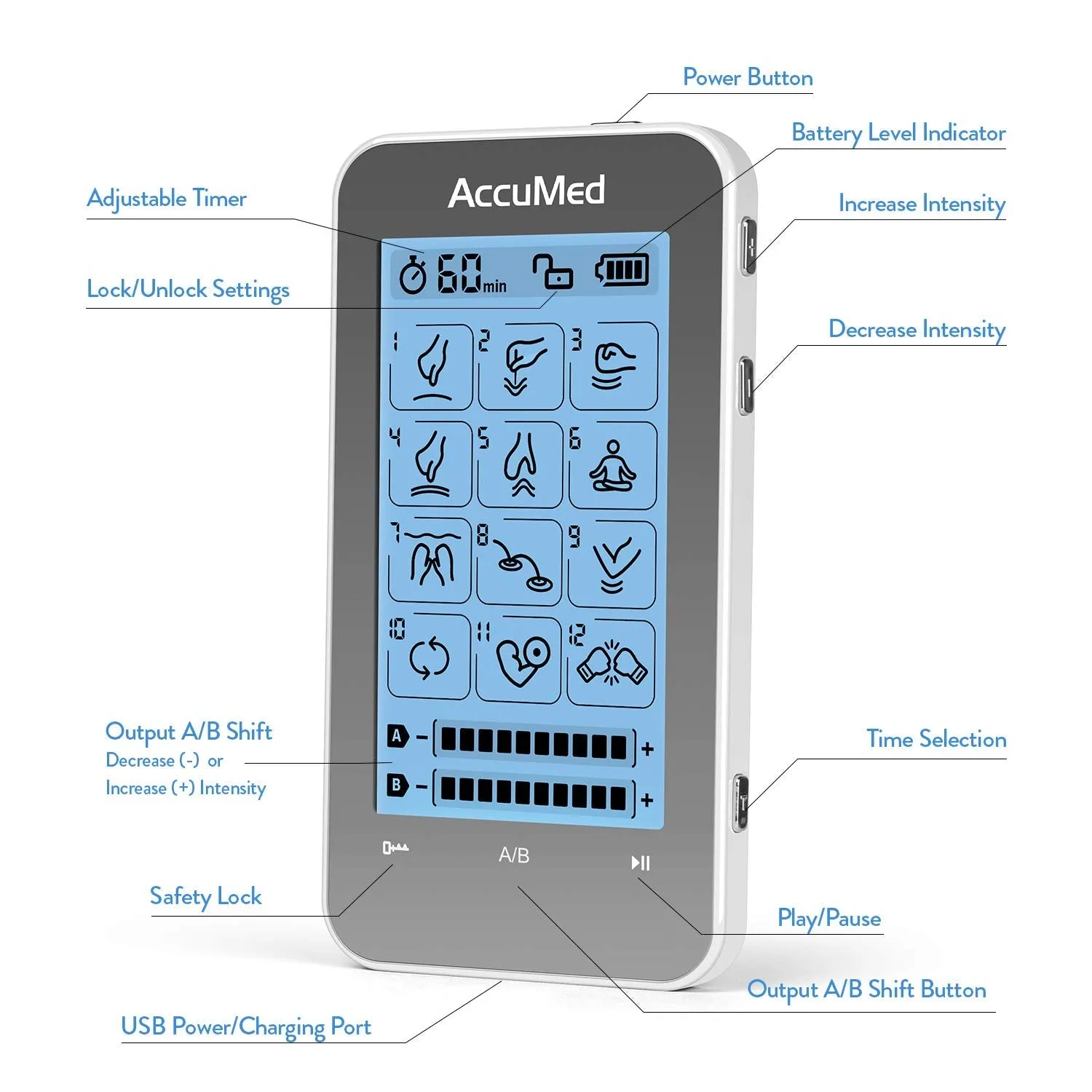 AccuMed TENS Unit Muscle Stimulator & Electronic Pulse Massager with 2 Channels - 12 Modes, Pain Management Device with 20 Intensities for Back, Neck, Acupuncture, 8 Extra Pads Included (AC-AP315)