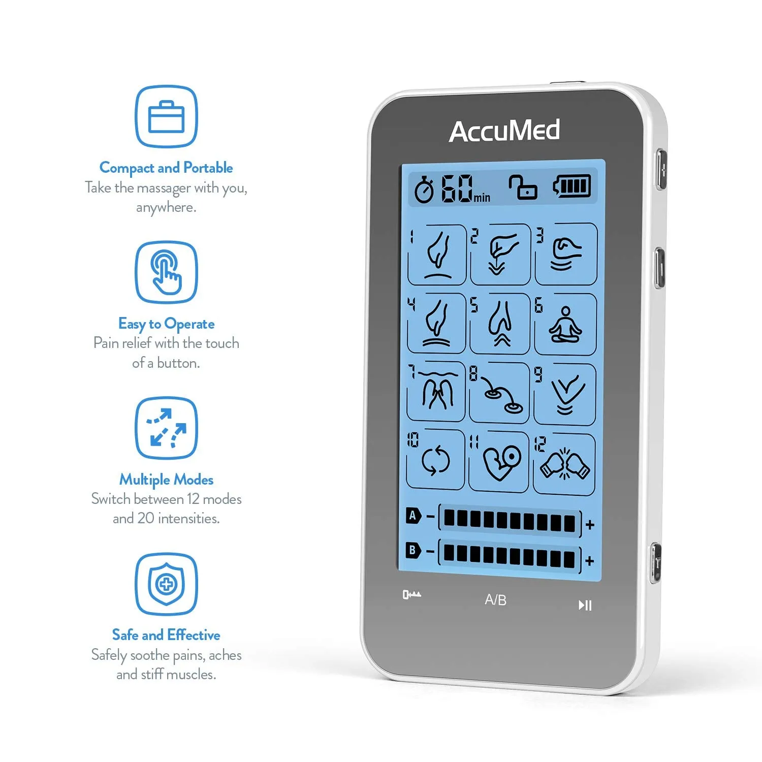 AccuMed TENS Unit Muscle Stimulator & Electronic Pulse Massager with 2 Channels - 12 Modes, Pain Management Device with 20 Intensities for Back, Neck, Acupuncture, 8 Extra Pads Included (AC-AP315)