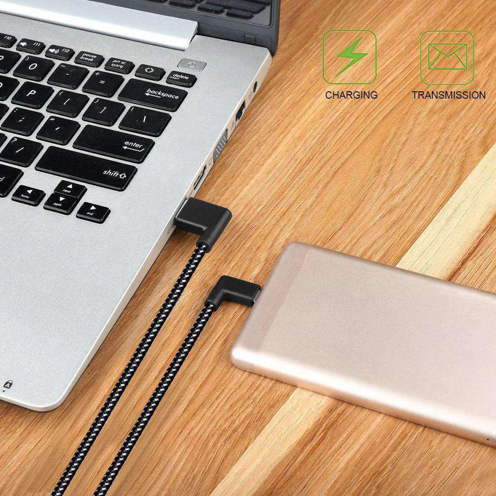 AMZER® 20cm 2A USB to USB-C / Type-C Nylon Weave Style Double Elbow Data Sync Charging Cable - Black
