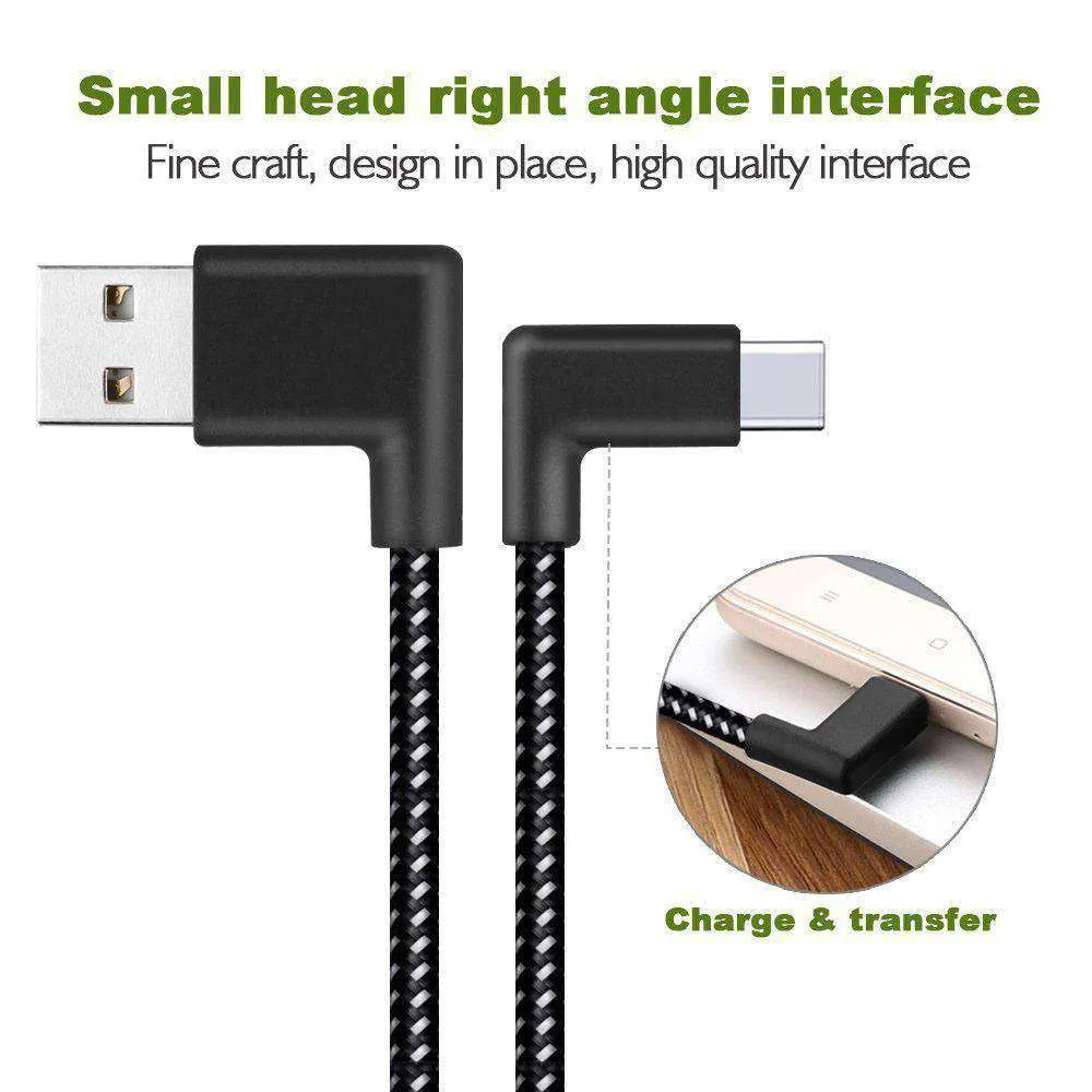 AMZER® 20cm 2A USB to USB-C / Type-C Nylon Weave Style Double Elbow Data Sync Charging Cable - Black
