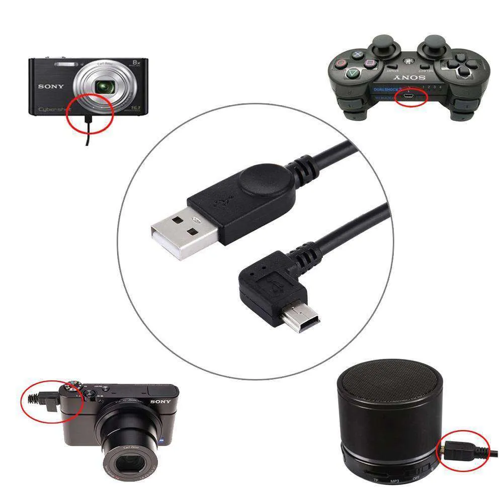 AMZER® 28cm 90 Degree Angle Left Mini USB to USB Data / Charging Cable - Black