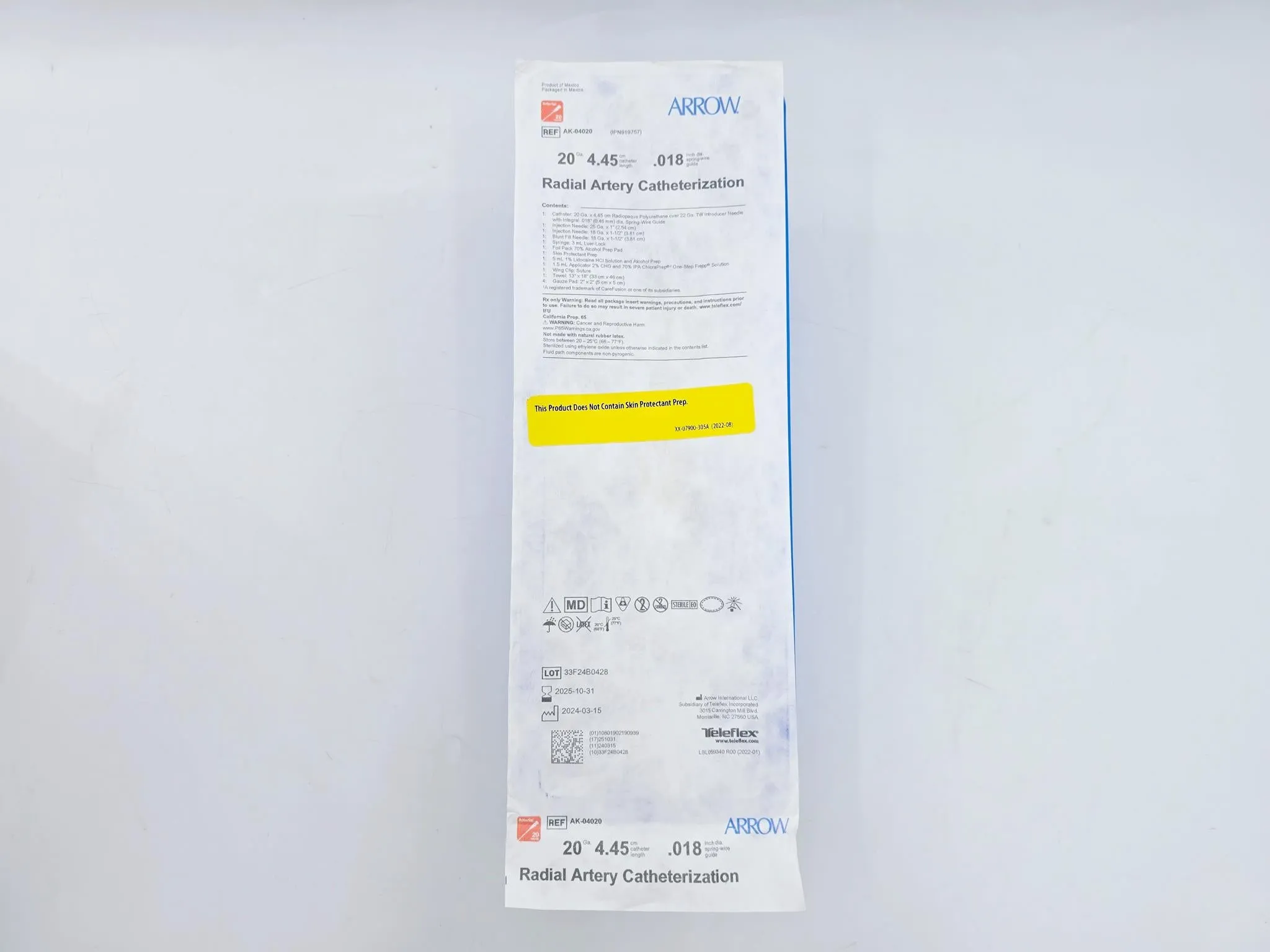 Arrow AK-04020 Radial Artery Catheterization 20Ga. 4.45cm Length, .18" Dia.