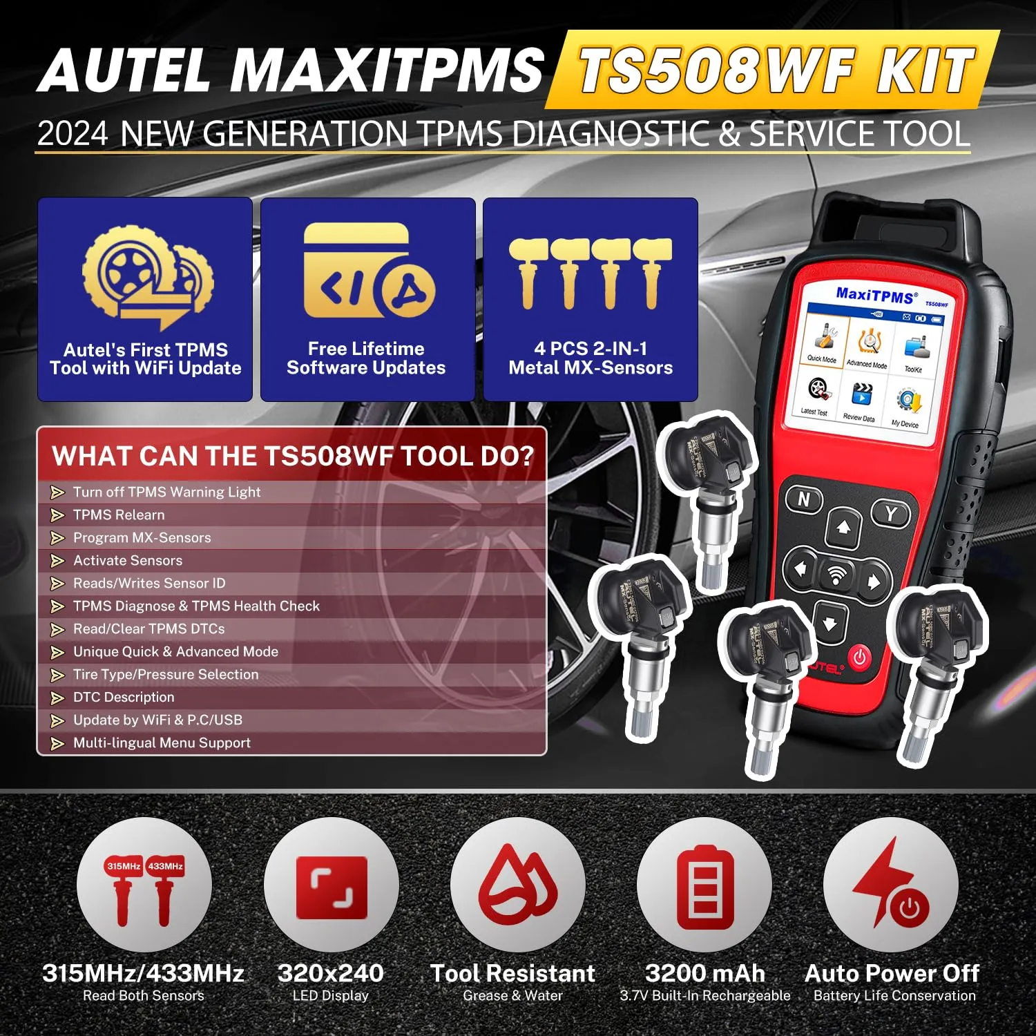 Autel MaxiTPMS TS508WF KIT TPMS Programming Tool, 2024 Upgraded WiFi Ver. of TS508K TS508 TS501 TS601 w/ $120 4PCS 315MHz 433MHz Autel MX-Sensor, Full TPMS Activate Relearn Diagnostic Scan Tool