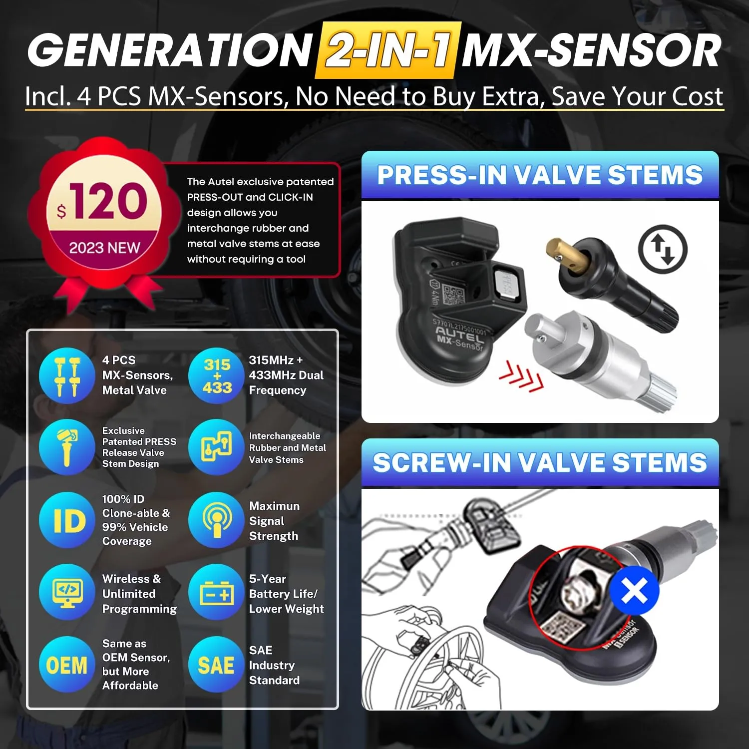 Autel MaxiTPMS TS508WF KIT TPMS Programming Tool, 2024 Upgraded WiFi Ver. of TS508K TS508 TS501 TS601 w/ $120 4PCS 315MHz 433MHz Autel MX-Sensor, Full TPMS Activate Relearn Diagnostic Scan Tool