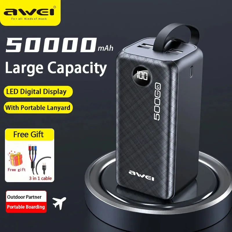 Awei Powerful Power Bank Spare External Battery Fast Charge With Led Digital Display 50000mAh