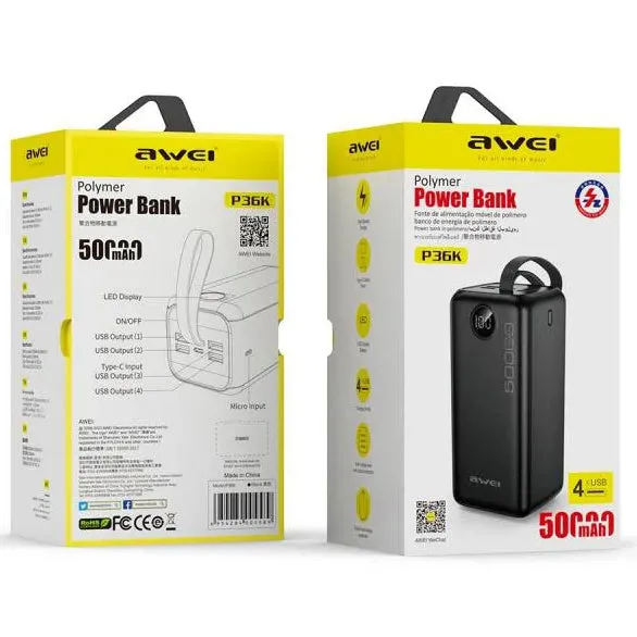 Awei Powerful Power Bank Spare External Battery Fast Charge With Led Digital Display 50000mAh