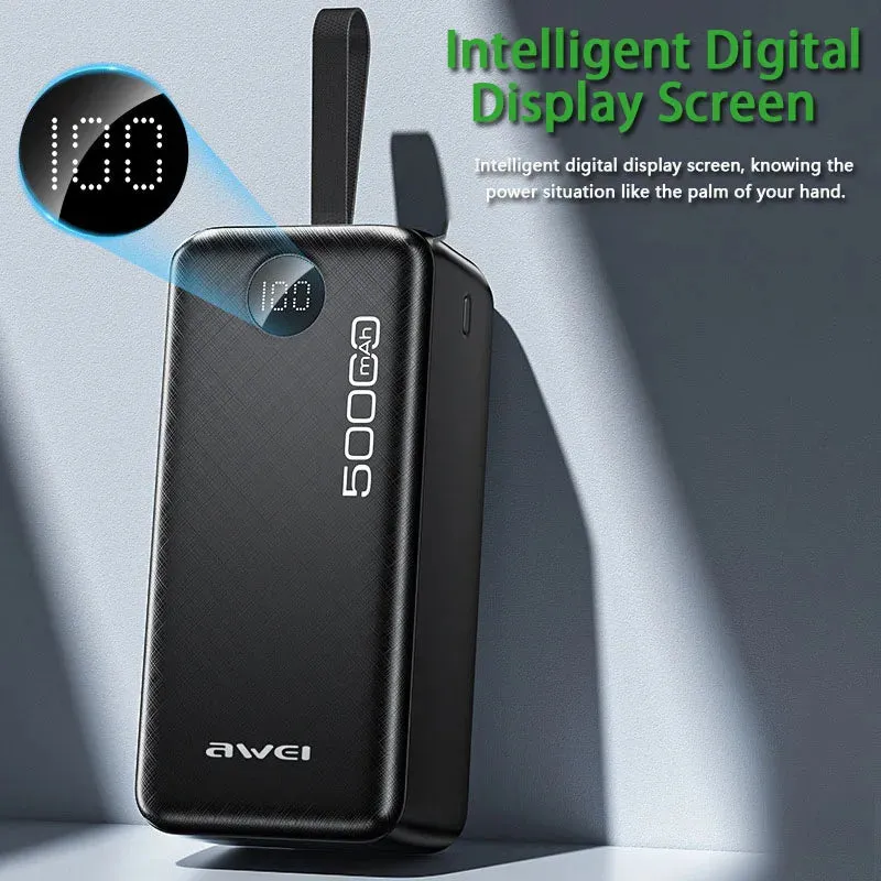 Awei Powerful Power Bank Spare External Battery Fast Charge With Led Digital Display 50000mAh