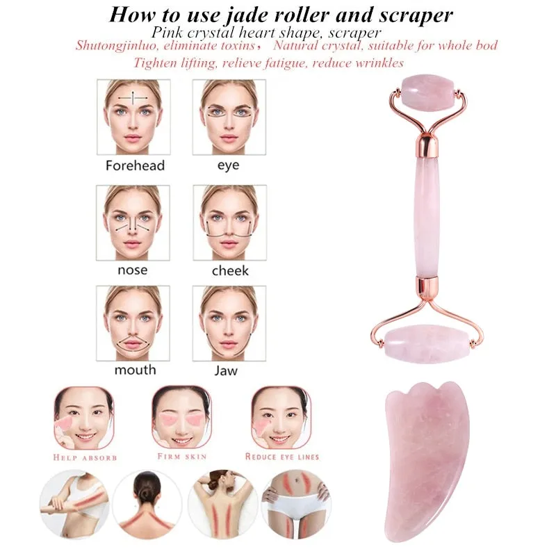 Beauty Rose Quartz Roller Massager Tool Natural Stone