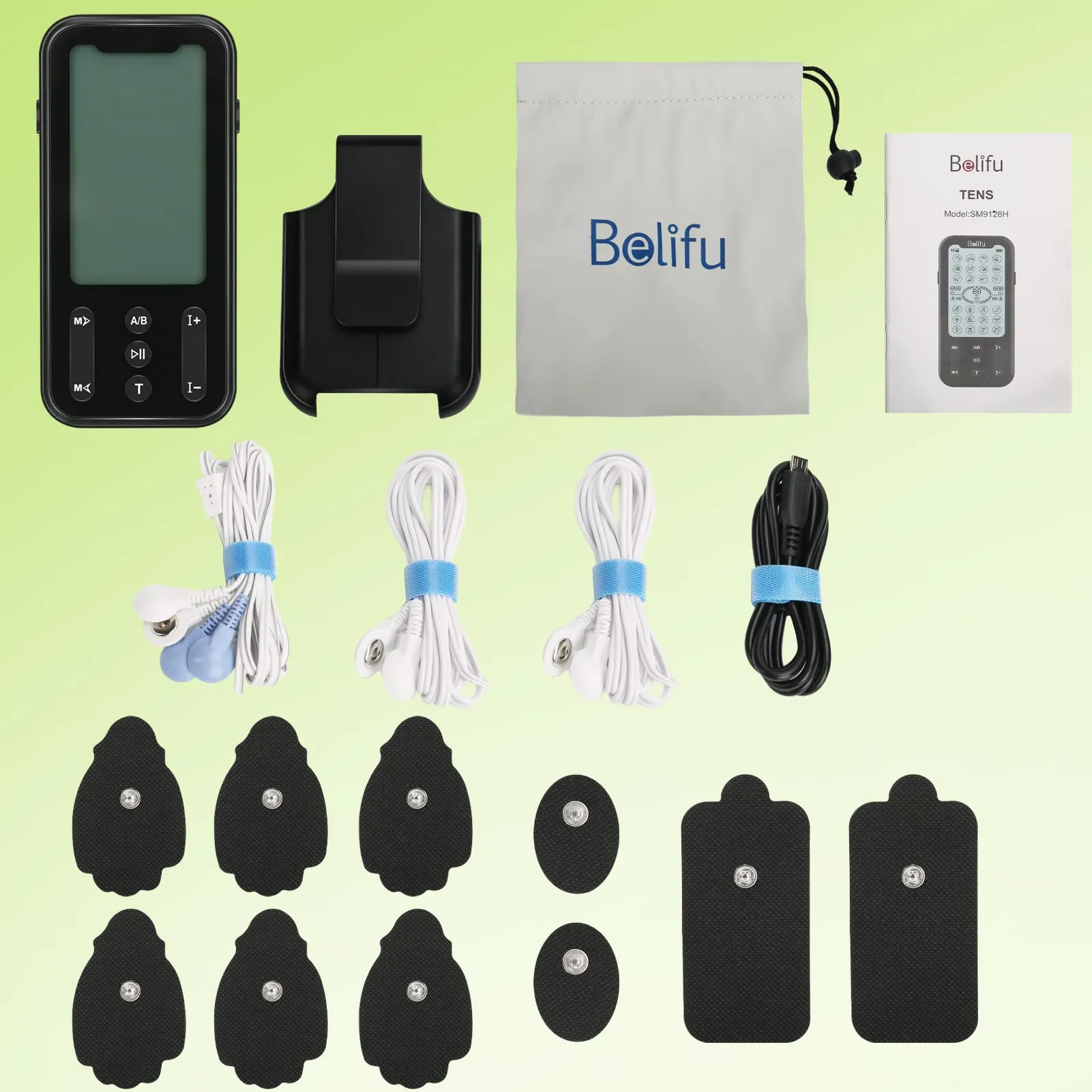 Belifu Independent Dual Channel TENS EMS Unit with 24 Modes, Rechargeable Muscle Stimulator for Pain Relief with 20 Levels Intensity, Electric Pulse Massager TENS Machine with Back Clip 10 Pads.