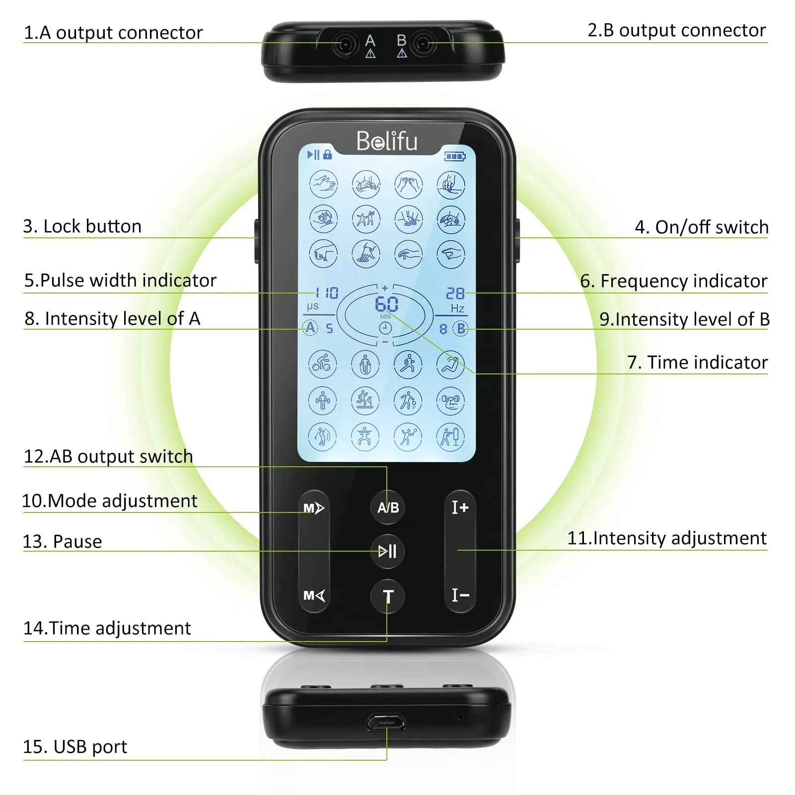 Belifu Independent Dual Channel TENS EMS Unit with 24 Modes, Rechargeable Muscle Stimulator for Pain Relief with 20 Levels Intensity, Electric Pulse Massager TENS Machine with Back Clip 10 Pads.
