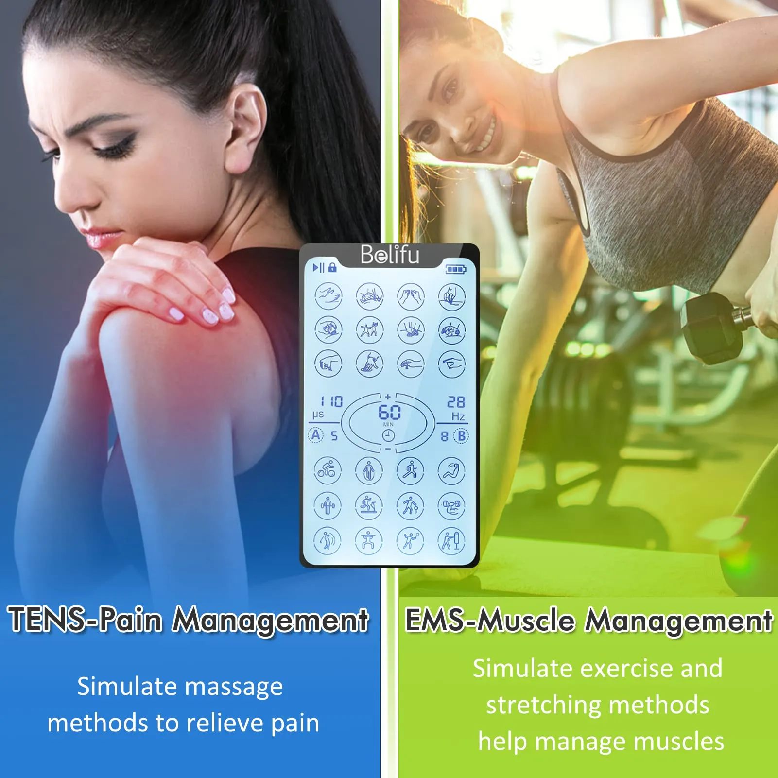 Belifu Independent Dual Channel TENS EMS Unit with 24 Modes, Rechargeable Muscle Stimulator for Pain Relief with 20 Levels Intensity, Electric Pulse Massager TENS Machine with Back Clip 10 Pads.