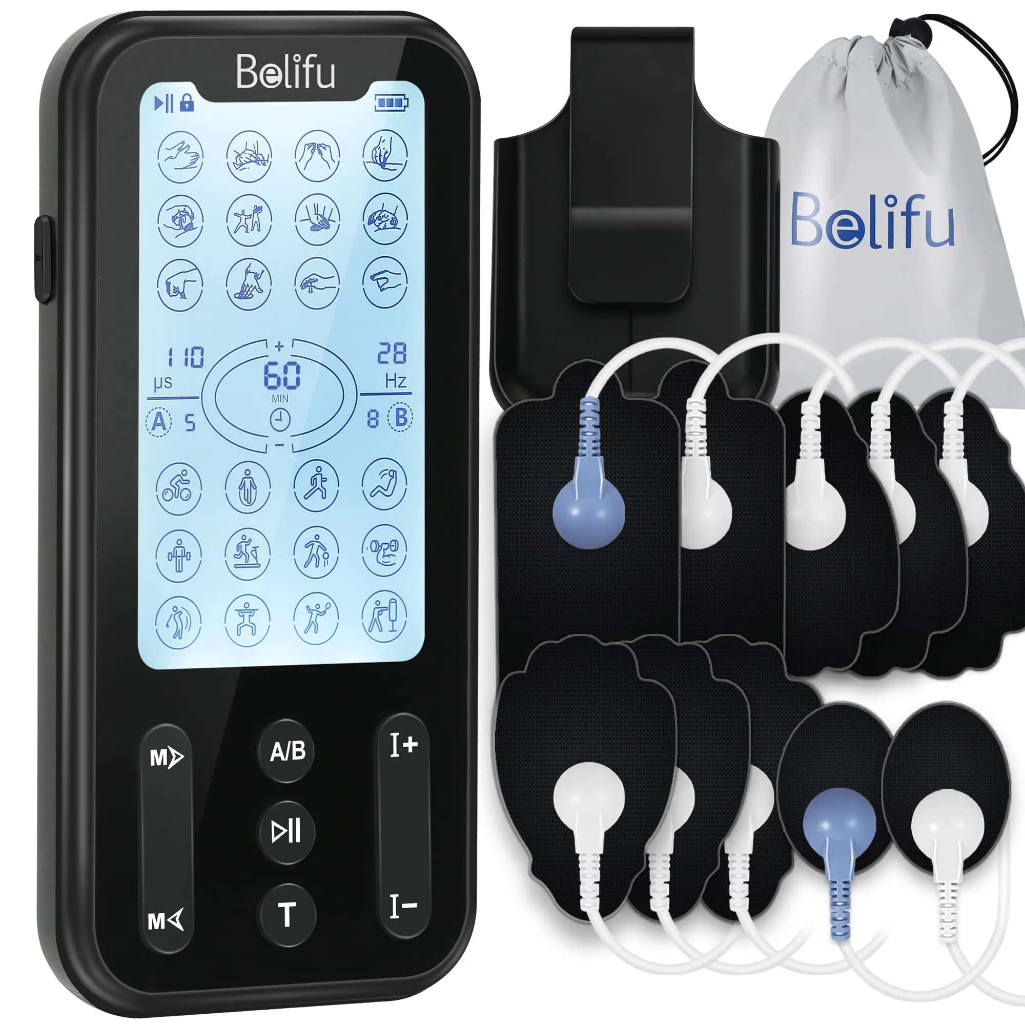 Belifu Independent Dual Channel TENS EMS Unit with 24 Modes, Rechargeable Muscle Stimulator for Pain Relief with 20 Levels Intensity, Electric Pulse Massager TENS Machine with Back Clip 10 Pads.