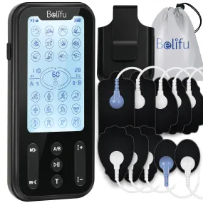 Belifu Independent Dual Channel TENS EMS Unit with 24 Modes, Rechargeable Muscle Stimulator for Pain Relief with 20 Levels Intensity, Electric Pulse Massager TENS Machine with Back Clip 10 Pads.