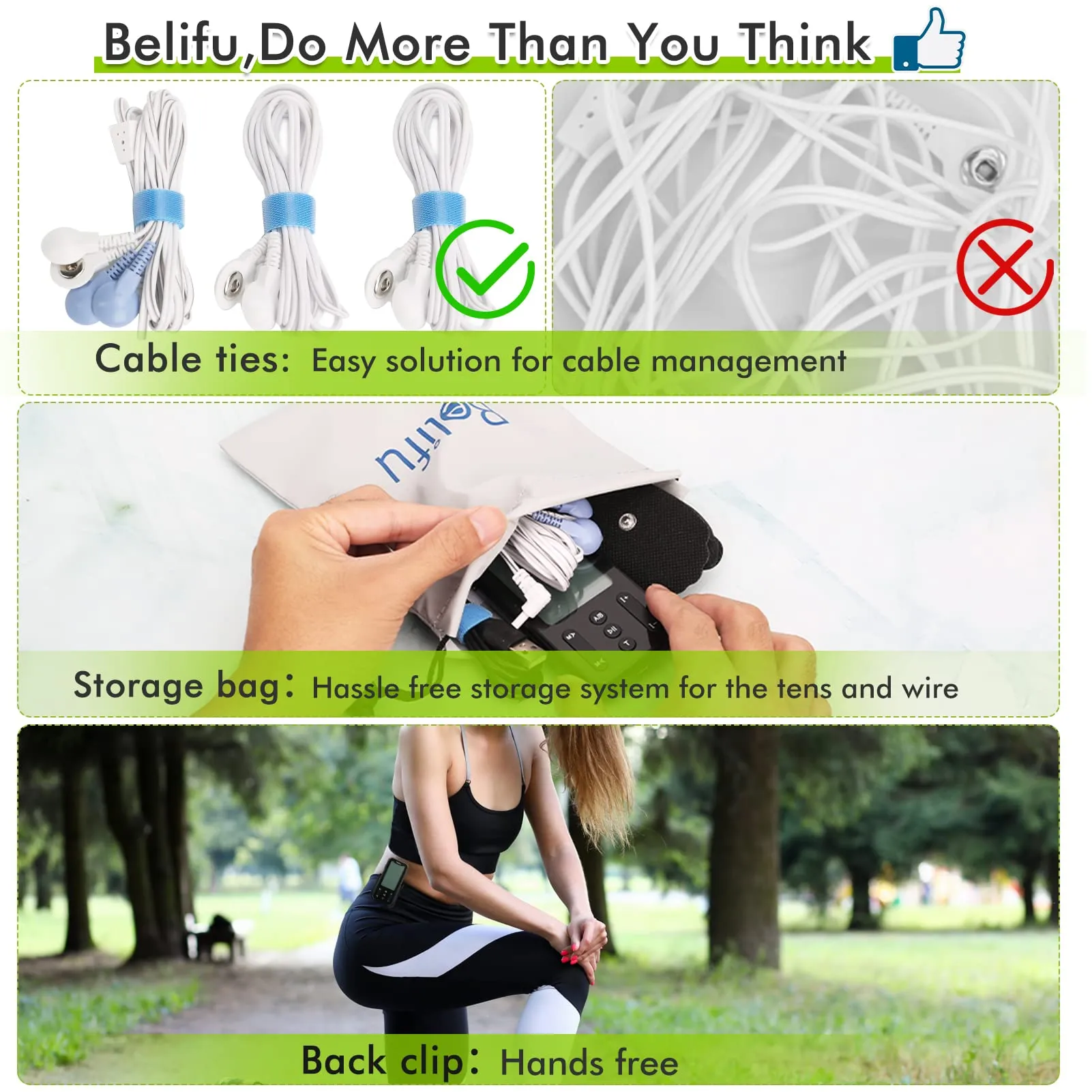Belifu Independent Dual Channel TENS EMS Unit with 24 Modes, Rechargeable Muscle Stimulator for Pain Relief with 20 Levels Intensity, Electric Pulse Massager TENS Machine with Back Clip 10 Pads.