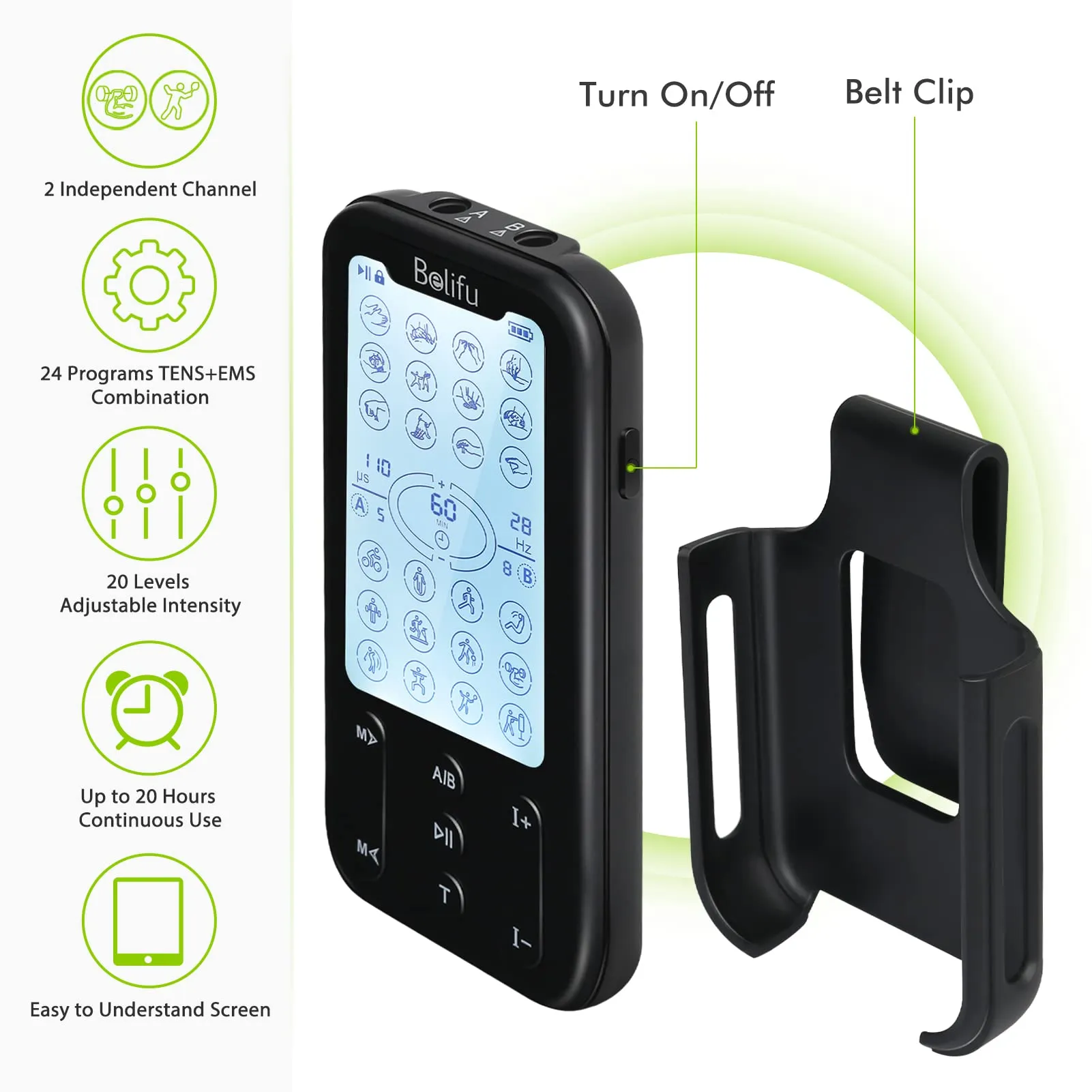 Belifu Independent Dual Channel TENS EMS Unit with 24 Modes, Rechargeable Muscle Stimulator for Pain Relief with 20 Levels Intensity, Electric Pulse Massager TENS Machine with Back Clip 10 Pads.