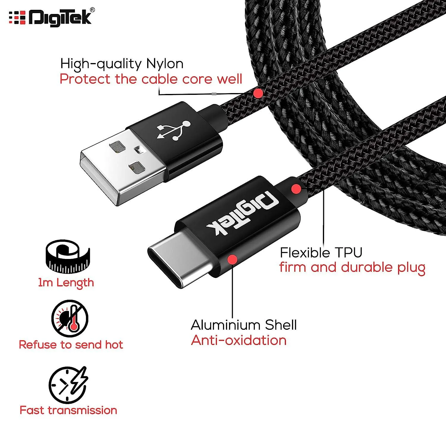 Digitek (DC 1M C NBBLK) Digitek Platinum Nylon Braided Rapid Charge & Data Sync Type C USB Cable.