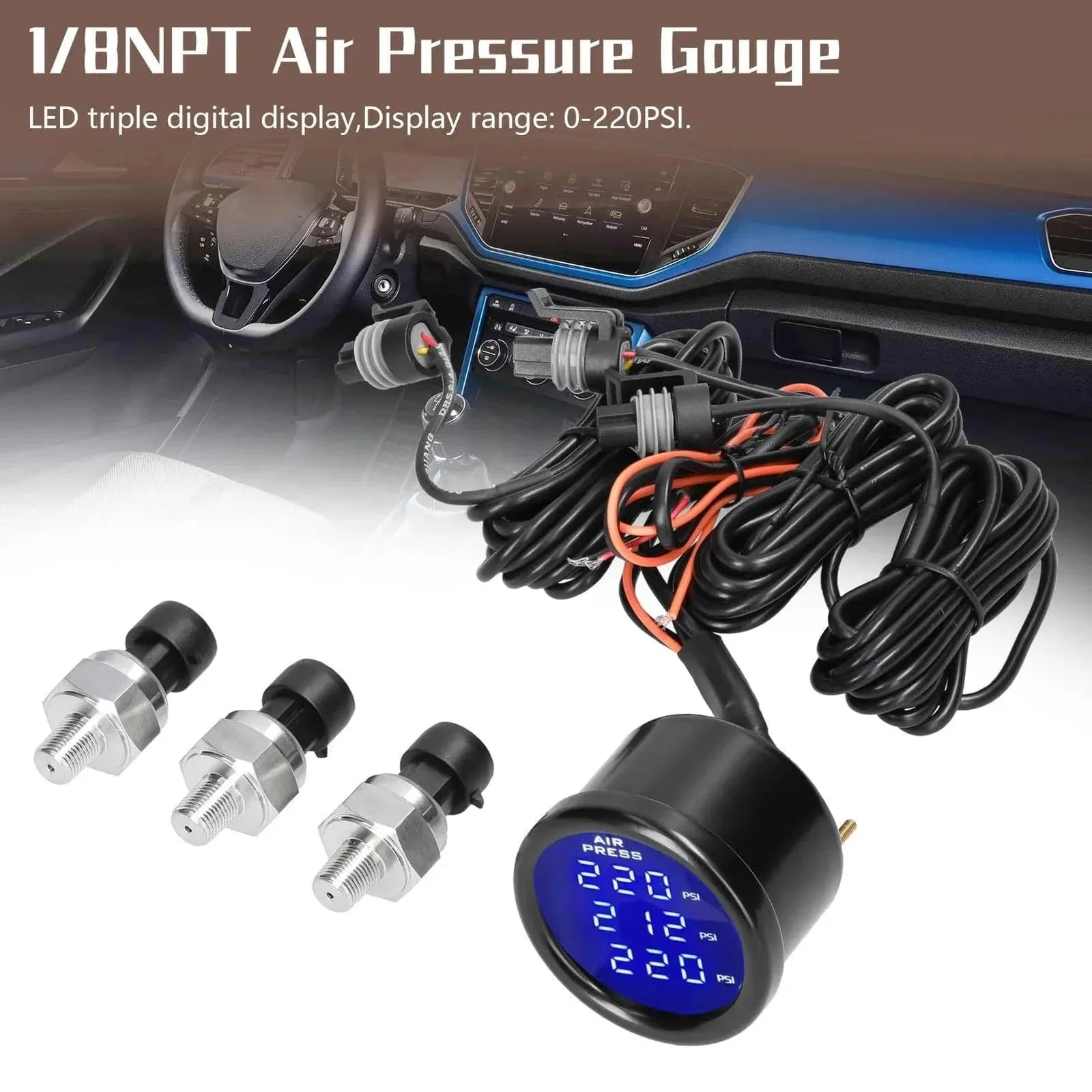 Dual/Triple Display Air Pressure Guage LED Digital Air Suspension Gauge 0-220PSI 12/24V with 2pcs/3pcs 1/8NPT Sensors