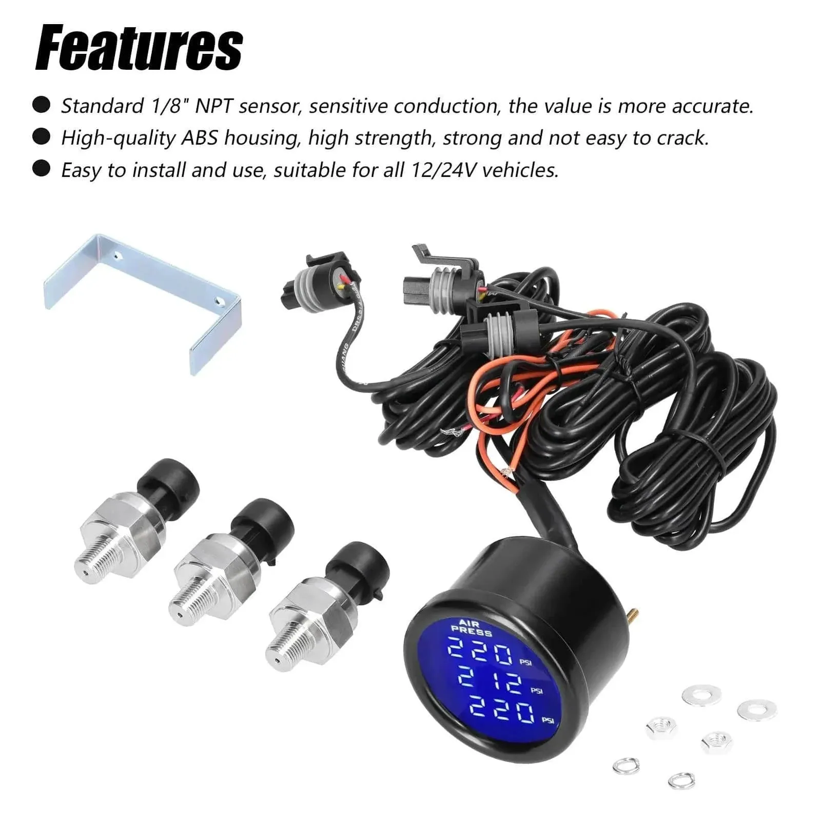 Dual/Triple Display Air Pressure Guage LED Digital Air Suspension Gauge 0-220PSI 12/24V with 2pcs/3pcs 1/8NPT Sensors