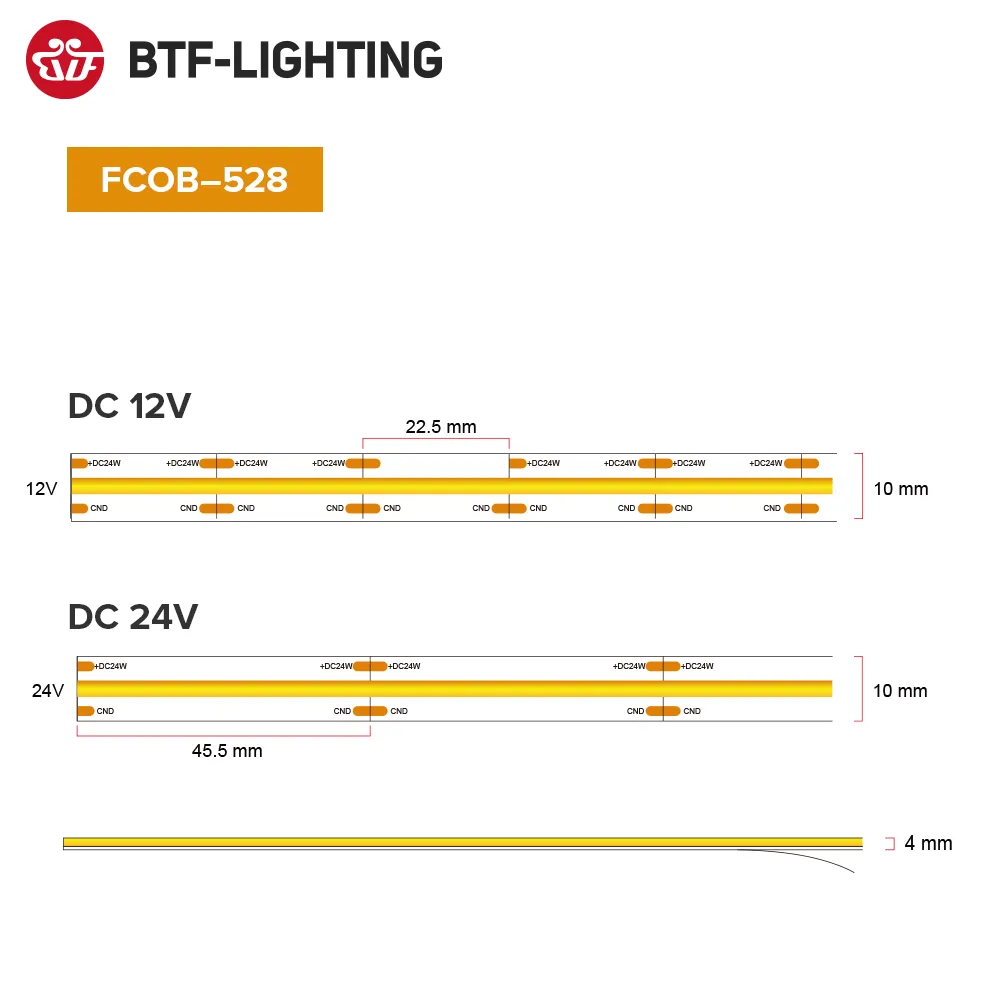 FCOB LED Strip Light IP67 528 640 LEDs High Density FOB RA90 Linear Dimmable Outdoor Waterproof 24V