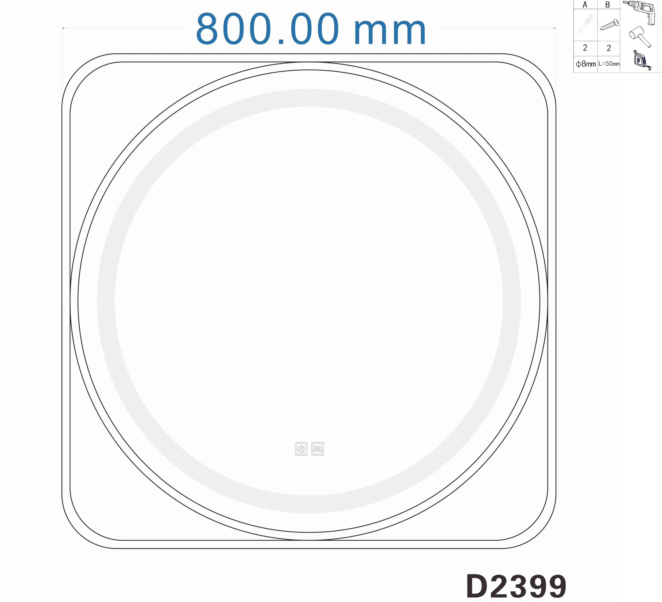 Hindware Italian Collection Round LED Mirror with Square Frame for Bathroom | 800mm * 800mm Frame | Touch Display | Defoger Feature Enabled | Color Changing Backlit LED Metal Frame