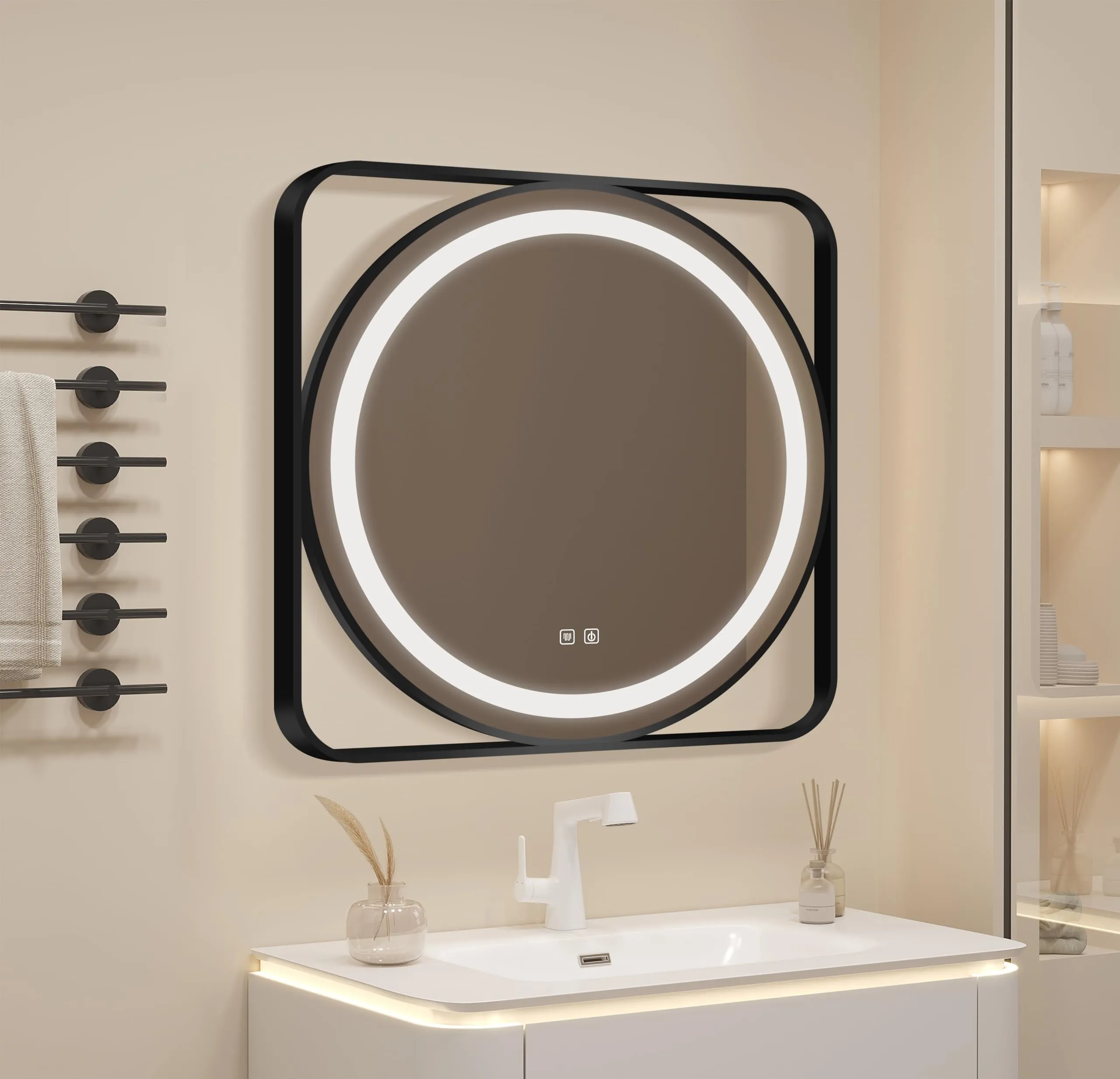 Hindware Italian Collection Round LED Mirror with Square Frame for Bathroom | 800mm * 800mm Frame | Touch Display | Defoger Feature Enabled | Color Changing Backlit LED Metal Frame
