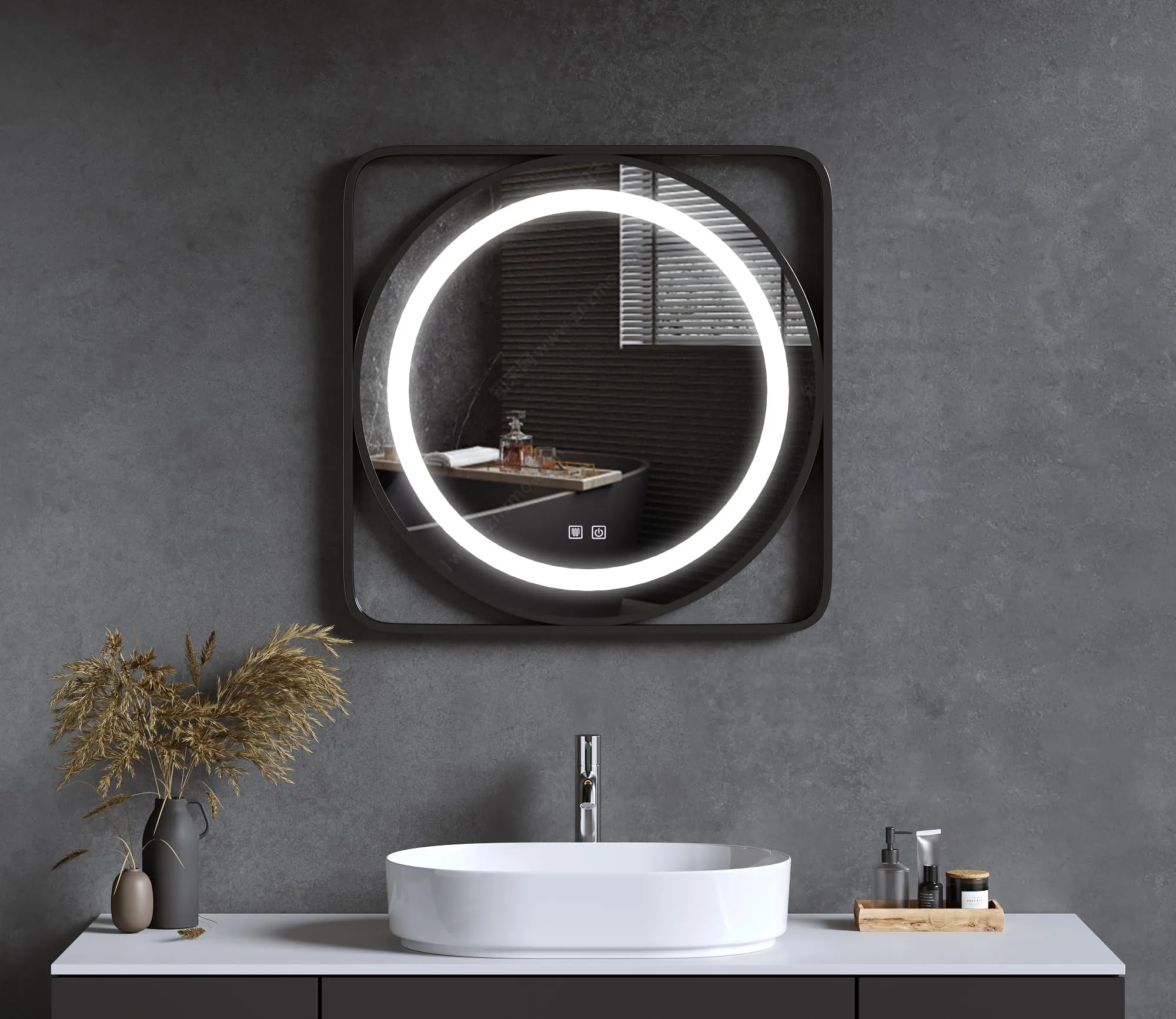 Hindware Italian Collection Round LED Mirror with Square Frame for Bathroom | 800mm * 800mm Frame | Touch Display | Defoger Feature Enabled | Color Changing Backlit LED Metal Frame
