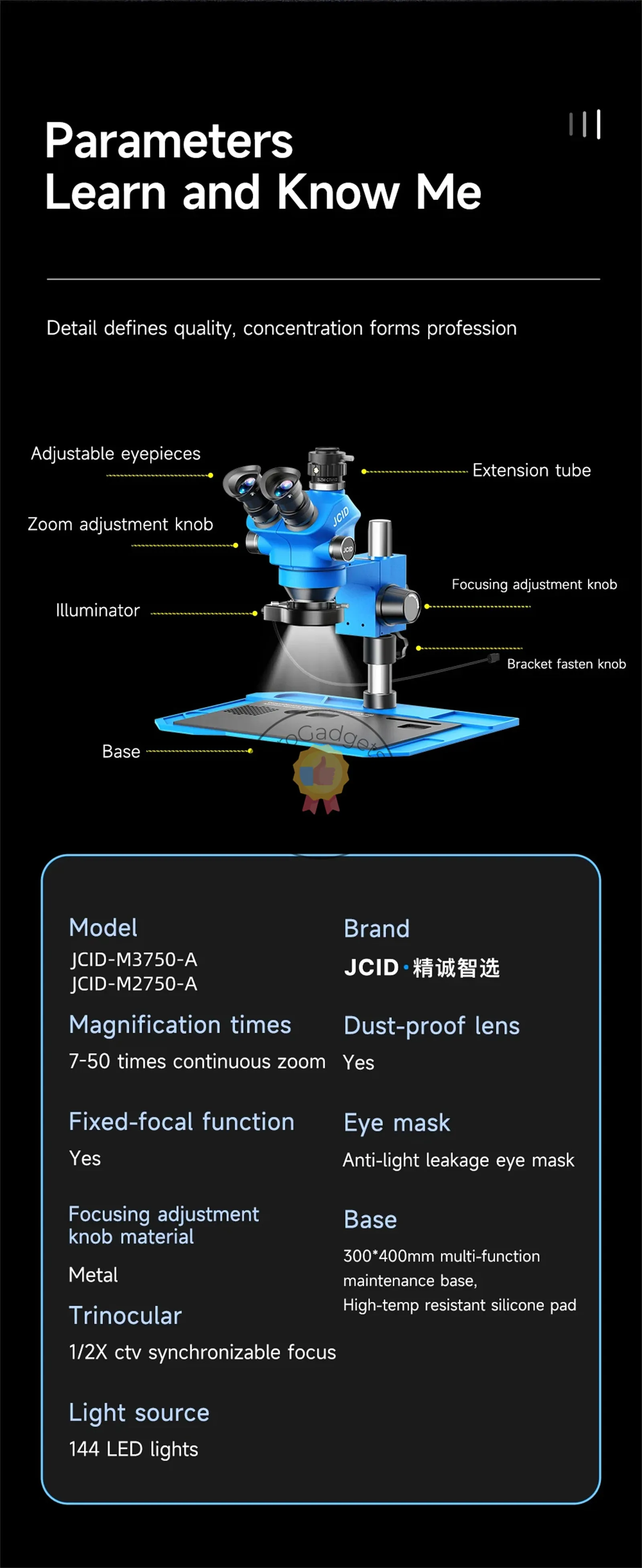 Jcid M3750A Stereo 3 Eyes Microscope 300*400mm Base Phone Soldering PCB Repair Phone PCB Welding Microscope Tool
