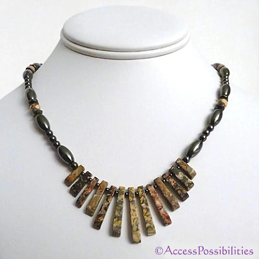 Leopard Skin Jasper Gemstone Fan Magnetite Magnetic Necklace (5x11)