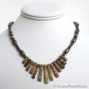 Leopard Skin Jasper Gemstone Fan Magnetite Magnetic Necklace (5x11)
