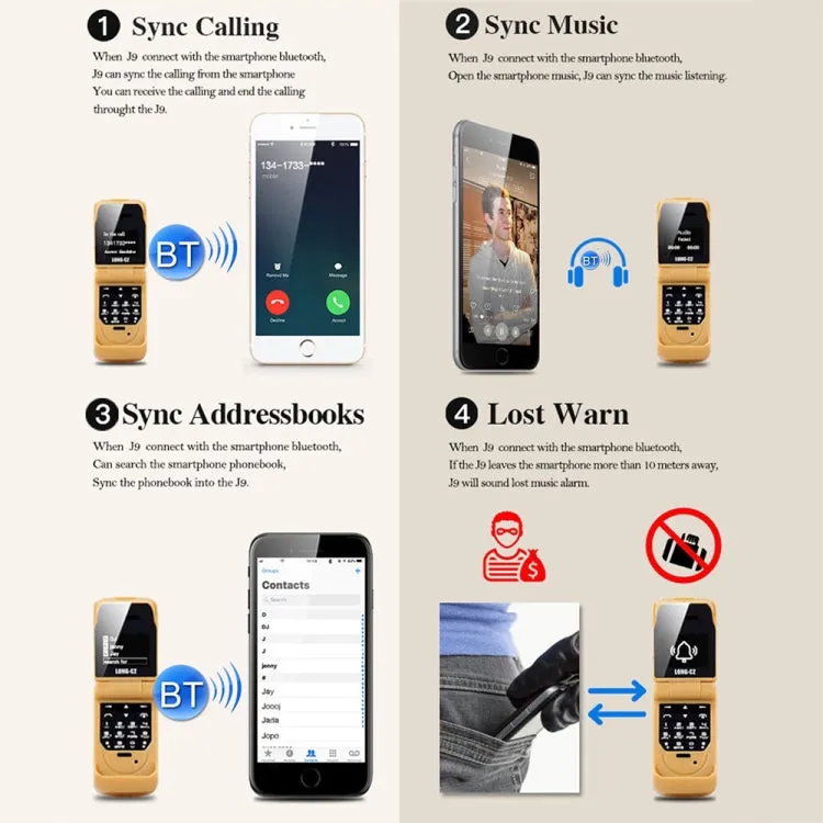 LONG-CZ J9 Mini Flip Style Mobile Phone, 0.66 inch, 18 Keys, Support Bluetooth, FM, SOS, Anti-lost, Magic Sound, Auto Answering, GSM, Single SIM(Black)