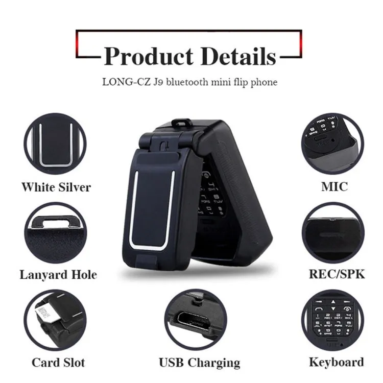 LONG-CZ J9 Mini Flip Style Mobile Phone, 0.66 inch, 18 Keys, Support Bluetooth, FM, SOS, Anti-lost, Magic Sound, Auto Answering, GSM, Single SIM(Black)