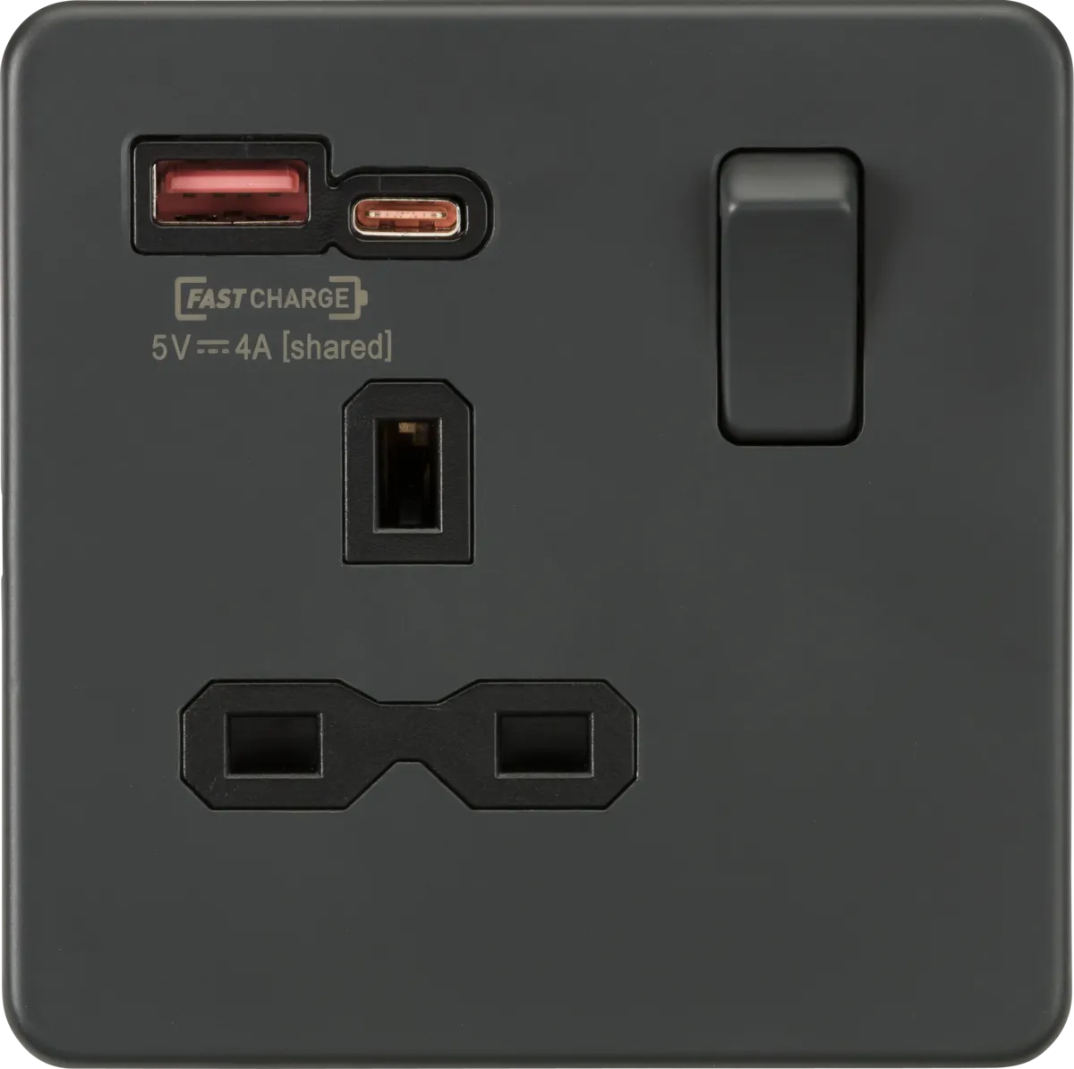 ML Knightsbridge Screwless Single Socket with Dual USB Fast Charge A C 13A 1 Gang Switched - Anthracite