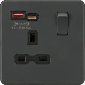 ML Knightsbridge Screwless Single Socket with Dual USB Fast Charge A C 13A 1 Gang Switched - Anthracite