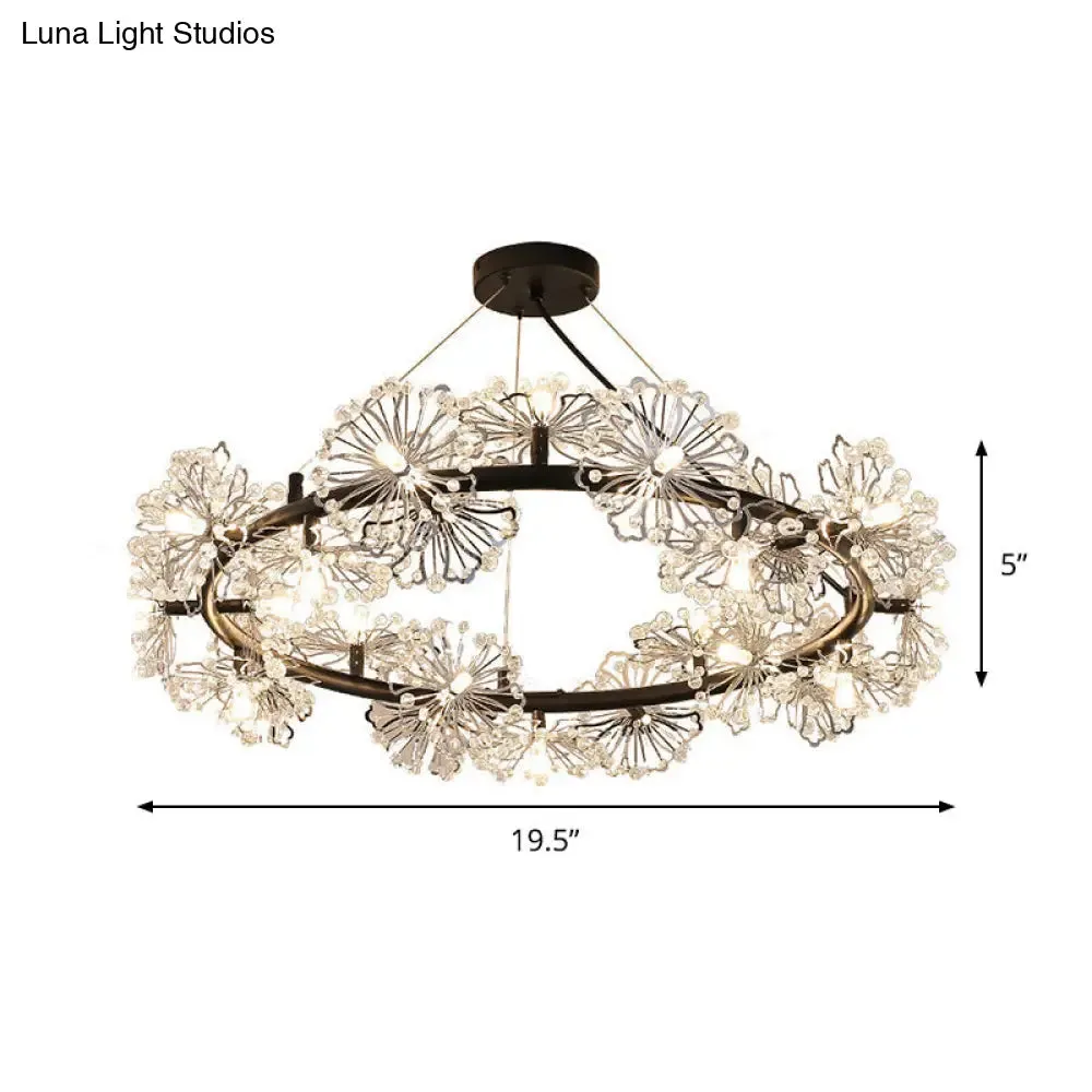Modern Black Crystal Flower Circle Chandelier Pendant Light for Living Room - 15 Heads