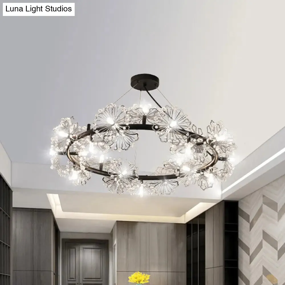 Modern Black Crystal Flower Circle Chandelier Pendant Light for Living Room - 15 Heads