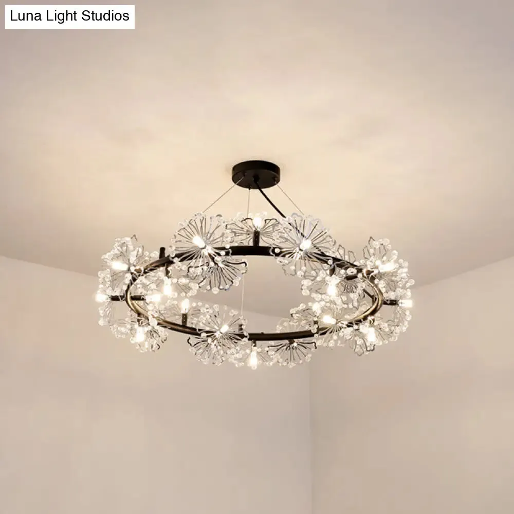Modern Black Crystal Flower Circle Chandelier Pendant Light for Living Room - 15 Heads
