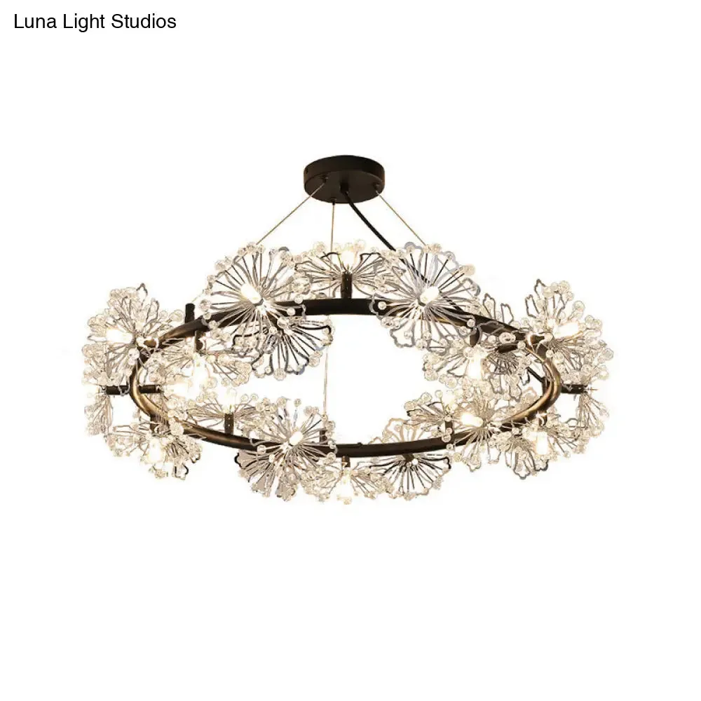 Modern Black Crystal Flower Circle Chandelier Pendant Light for Living Room - 15 Heads