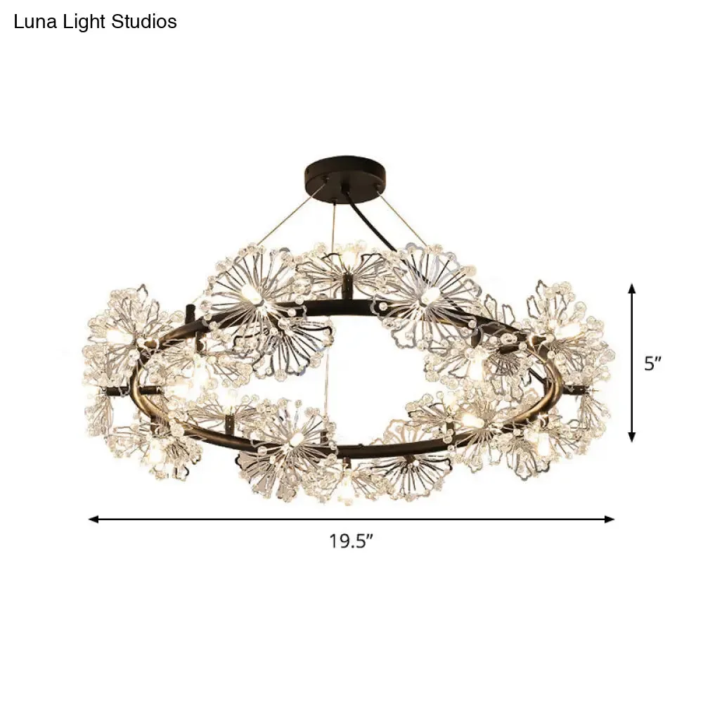 Modern Black Crystal Flower Circle Chandelier Pendant Light for Living Room - 15 Heads