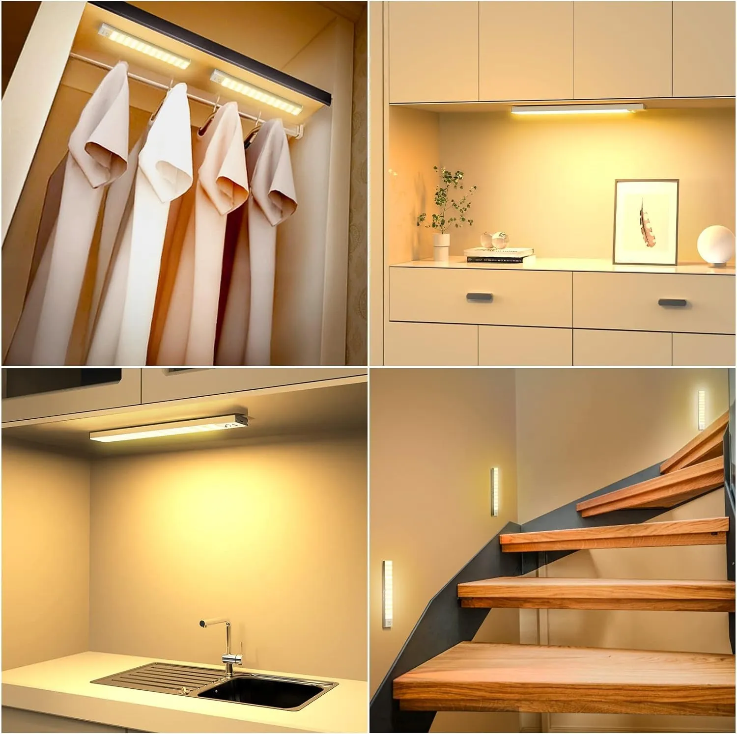 Motion Sensor Wardrobe Light, 3000K USB Rechargeable 1000mAh Under Cabinet Lights Wireless Night Light 36 LED Cabinet Light for Stairs, Wardrobe, Hallway, Kitchen, Garage-2 Packs