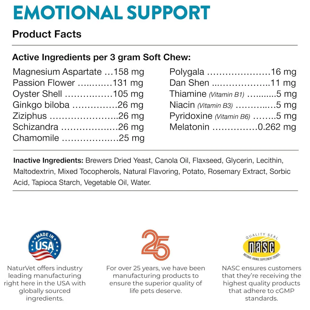 NaturVet Emotional Support Daily Calming Aid Soft Chews Plus 24/7 Support for Dogs, 120 count