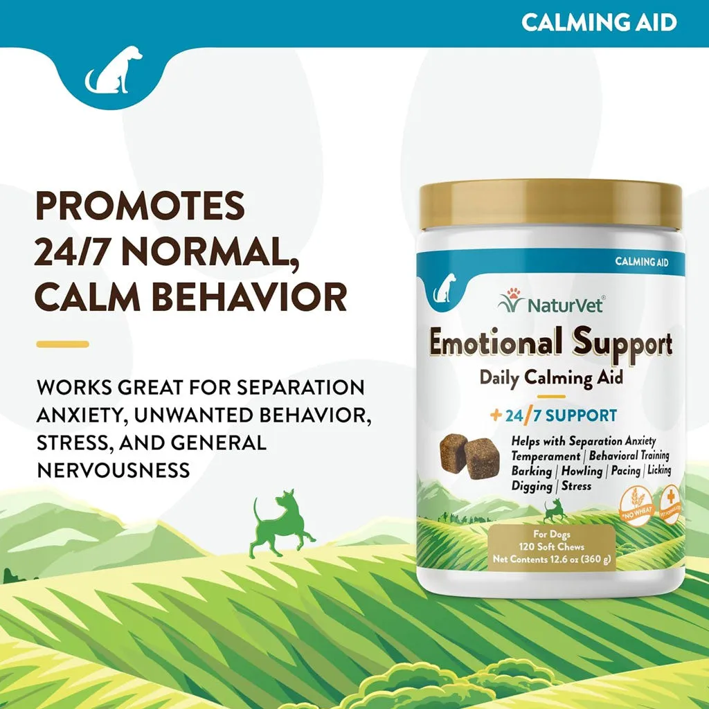 NaturVet Emotional Support Daily Calming Aid Soft Chews Plus 24/7 Support for Dogs, 120 count