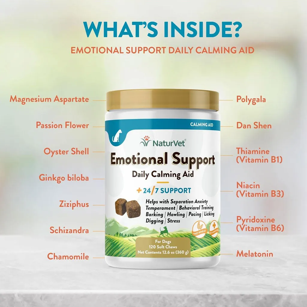 NaturVet Emotional Support Daily Calming Aid Soft Chews Plus 24/7 Support for Dogs, 120 count