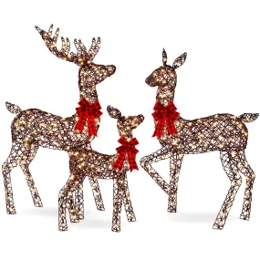 premium 3-Piece Lighted Christmas Deer Set Outdoor Yard Decoration w/ 360 LED Lights, Stakes - White Rattan