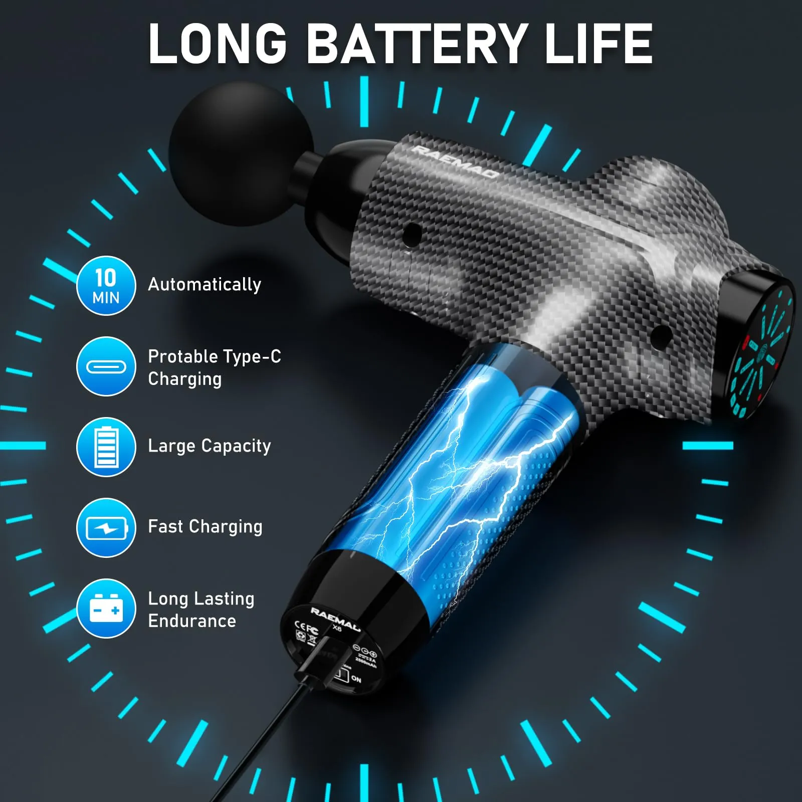 RAEMAO Massage Gun, Massage Gun Deep Tissue, Back Massage Gun for Athletes for Pain Relief Attaching 8 PCS Replacement Heads, Percussion Massager with 10 Speeds & LED Screen, Carbon