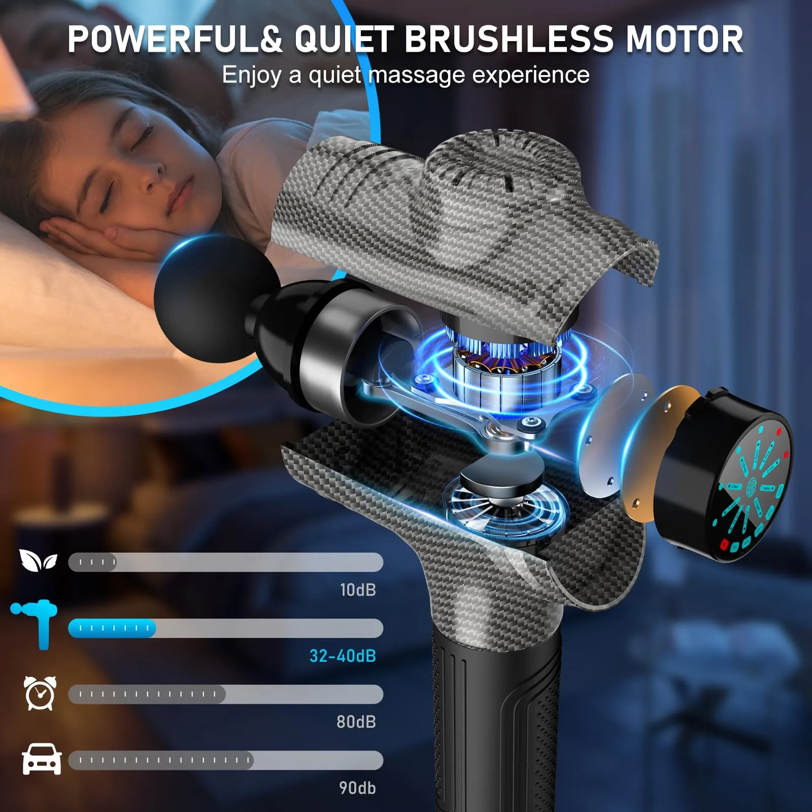 RAEMAO Massage Gun, Massage Gun Deep Tissue, Back Massage Gun for Athletes for Pain Relief Attaching 8 PCS Replacement Heads, Percussion Massager with 10 Speeds & LED Screen, Carbon