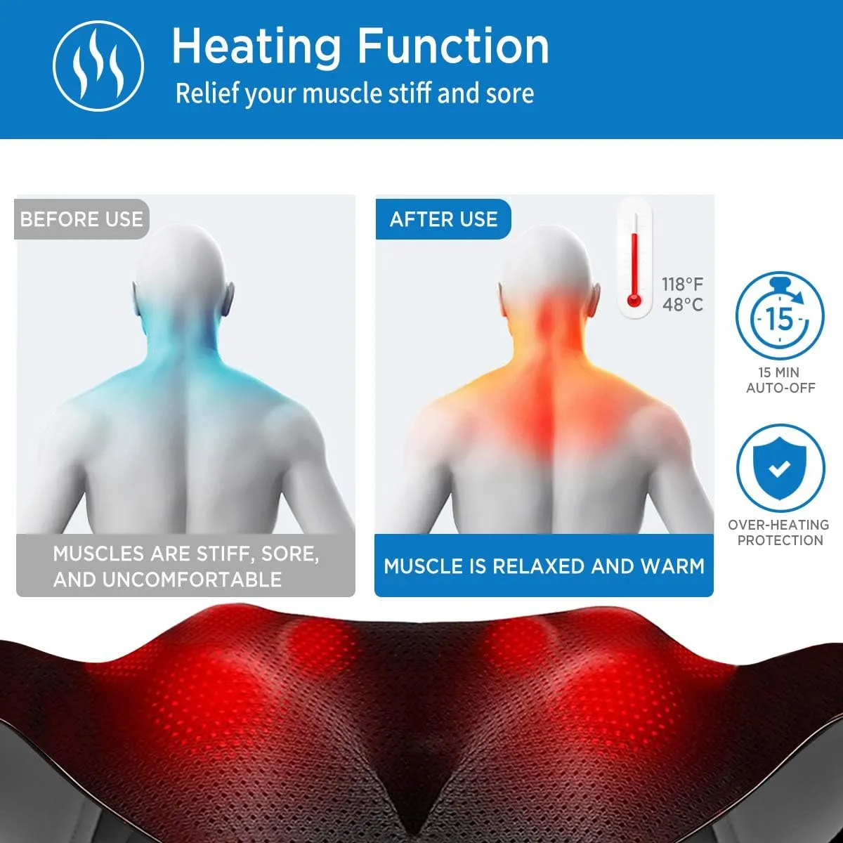 Renpho Neck Back Massager with Heat, Shoulder Massager with Electric Deep Tissue Kneading Massage, Pain Relief on Waist, Leg, Calf, Foot, Arm, Full Body, Muscles, Use at Home,Office